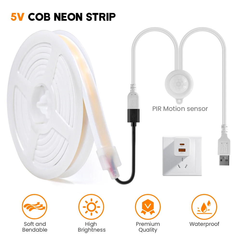 USB COB LED 스트립, IP67 방수 네온 조명, PIR 센서 스위치 포함, 실리콘 튜브 네온 유연한 테이프 야간 램프, 5V, 320LEDs/m