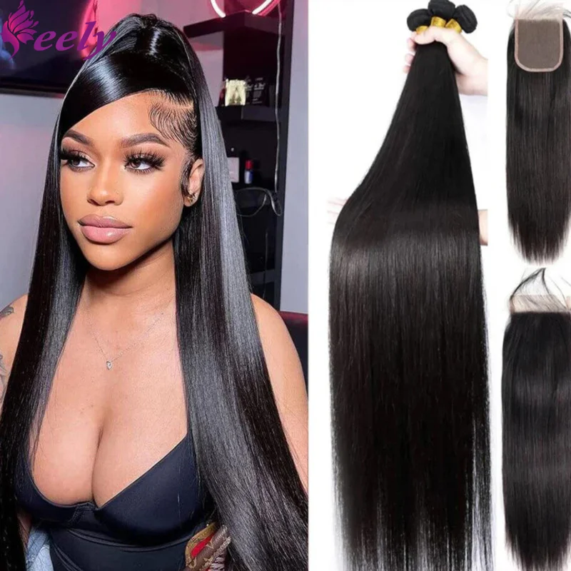 Straight Frontal 4x4 Lace Brazilian Human Hair Bundles With Closure Natural Black Extensions 26 28 30 Inch 3 Bundles Human Hair