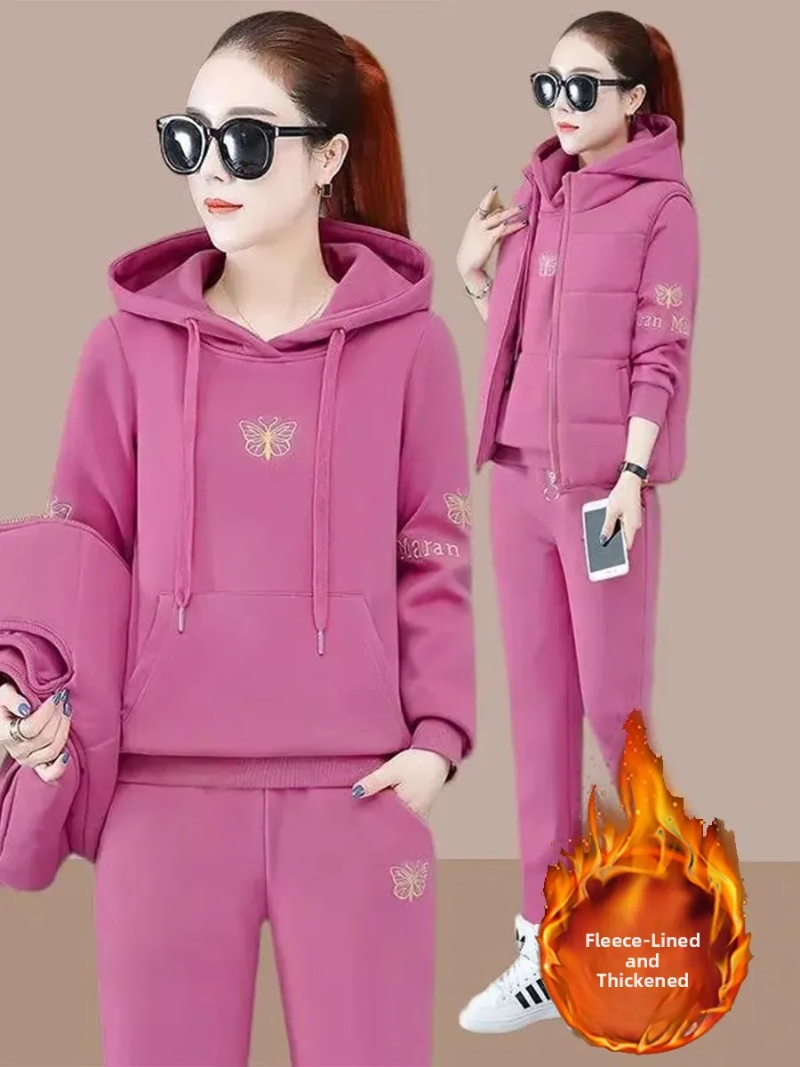 

Thiened Fce Autumn Winter Sportswear Set for Women Tee-piece Anti-cold Outerwear Long Sve Casual Suit Polyester Fiber