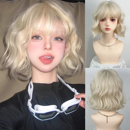 Peluca sintética Lolita, pelo corto y rizado, 12 pulgadas, dulce y encantador, oro blanco, lana esponjosa Natural, volumen, Cosplay, peluca de cabeza completa para