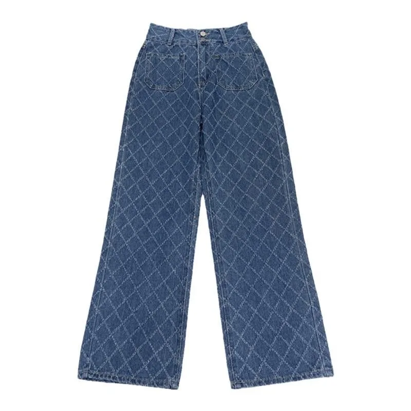 Two button jacquard high waisted texture diamond grid pattern versatile slimming straight leg pants casual denim pants wide leg