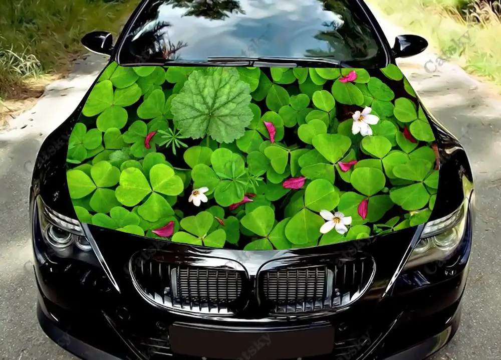 Green Grass Flower Print Car Hood Vinyl Stickers Wrap Film Engine Decals Universal Auto Accessories Hood Protective Cover Decor