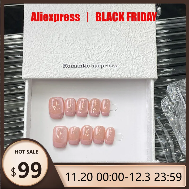 

10 шт./1 коробка, короткие розовые типсы ручной работы во французском стиле с роскошным сверкающим милым стилем, подходят для девочек и женщин