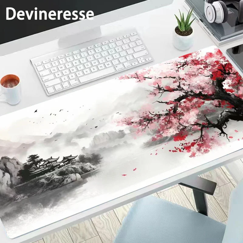 Large Japanese Cherry Blossom Gaming Mouse Pad with Non-Slip Base and Stitched Edges - Perfect for Office, Gaming, and Daily Use