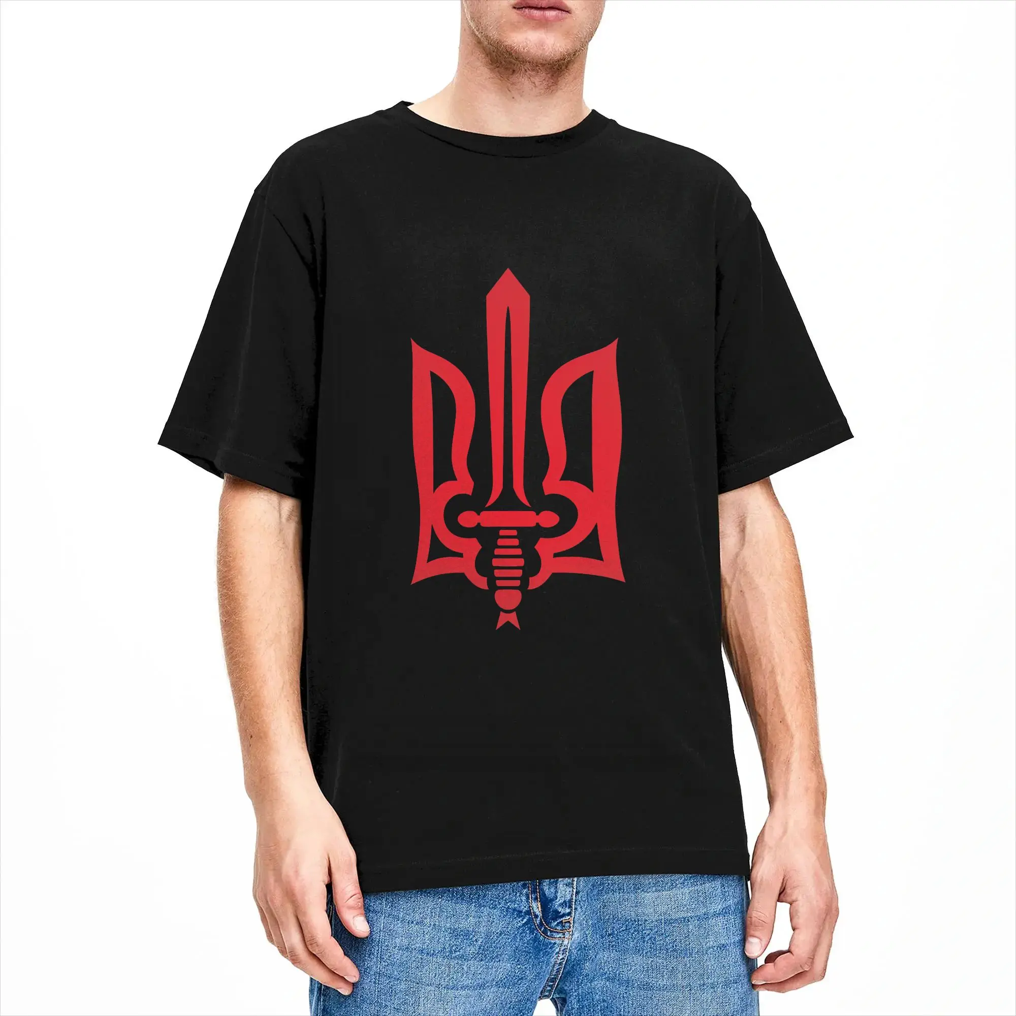 Men's Red Sword Tryzub Ukraine Symbol T Shirts Cotton Clothing Vintage Short Sleeve Crew Neck Tee Shirt Graphic Printed T-Shirts