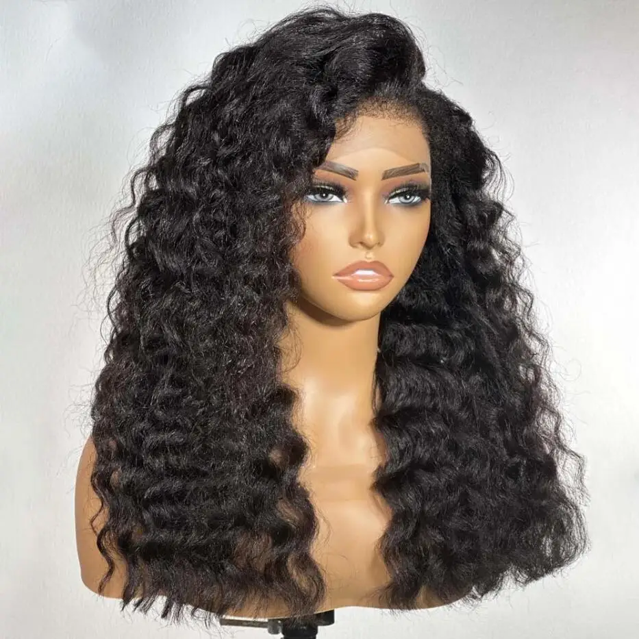 Peruca dianteira do laço longo Kinky Curly para mulheres, preto natural macio, cabelo do bebê, resistente ao calor, sem cola, pré-arrancado diariamente, 180 densidade, 26"