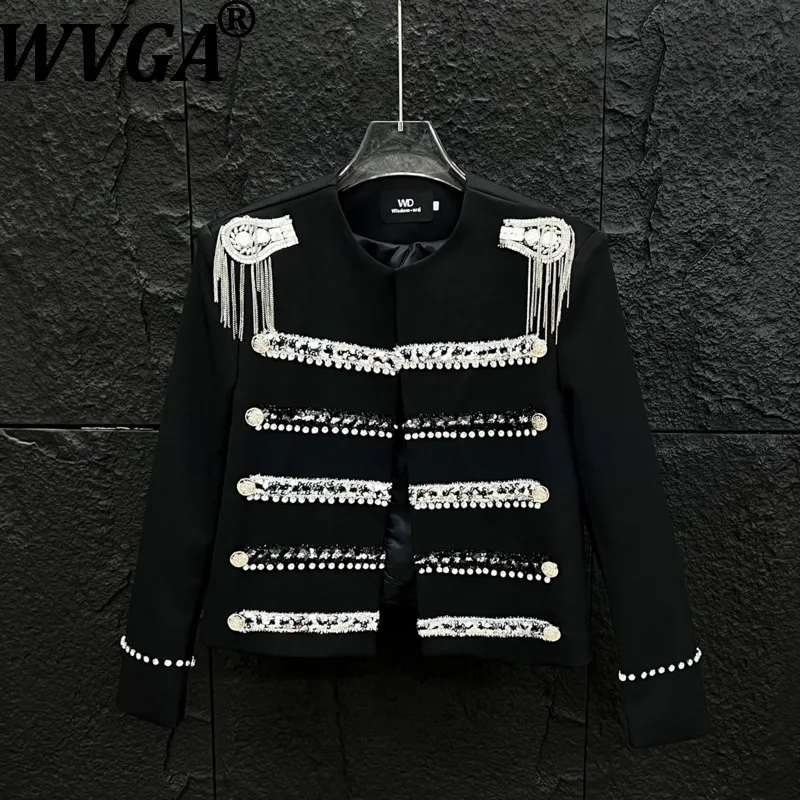 

WVGA, весенне-осенняя новая мужская короткая куртка без воротника с тяжелыми бриллиантами, нишевый шикарный повседневный блестящий кардиган, пальто Ins W18305