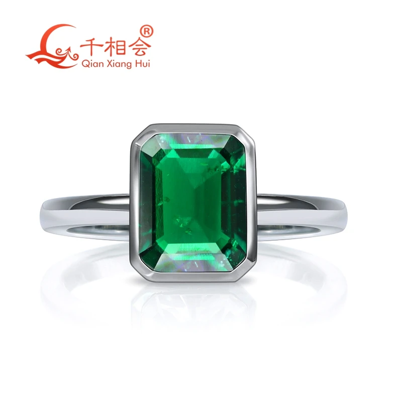 7*9mm 2ct  emerald Bezel Setting Ring Band 925 Sterling Silver Created Hydrothermal  Emerald Ring Jewelry gift dating wedding