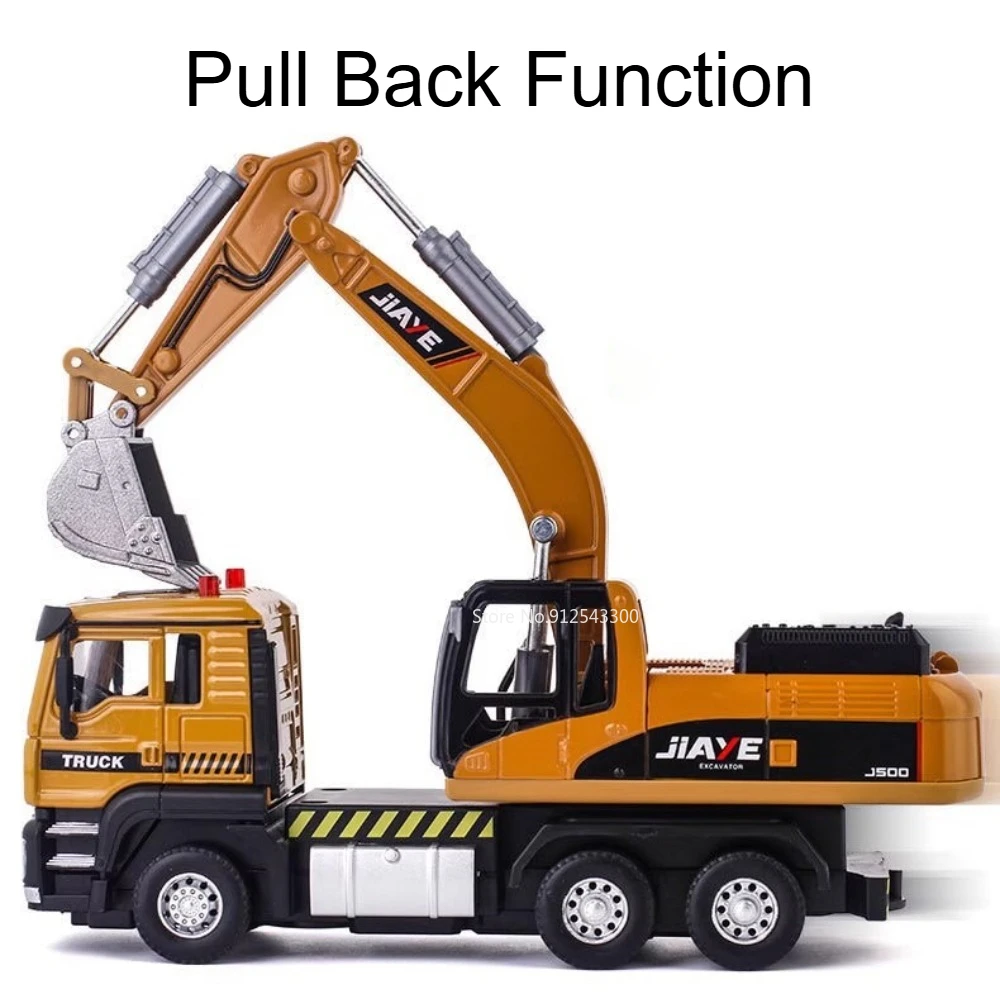 1:50 믹서 굴삭기 자동차 모형 장난감 소리와 빛 풀백 합금 바디 엔지니어링 운송 트럭 차량 모형 취미 선물