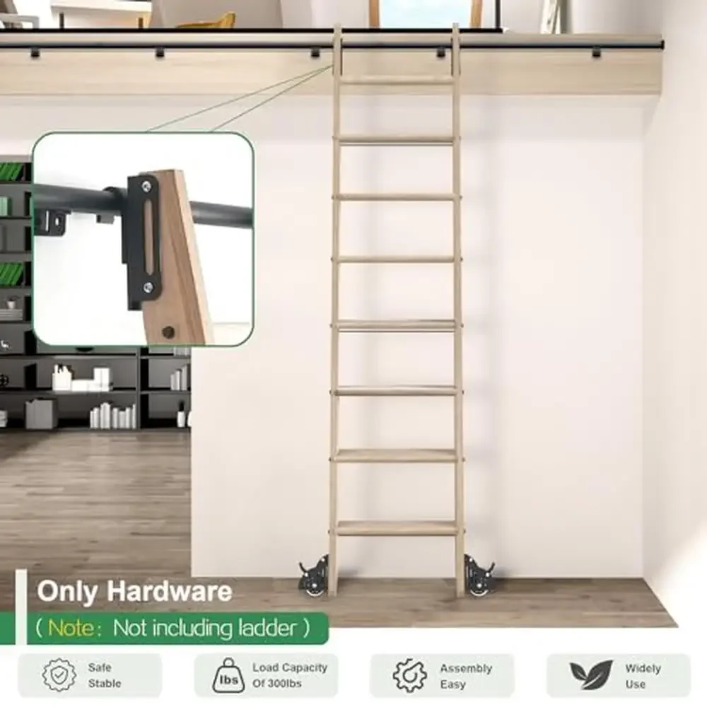 Telescopic Sliding Library Ladder Hardware Kit Lightweight Aluminum 300lb Load Capacity Adjustable Track Space-Saving Design