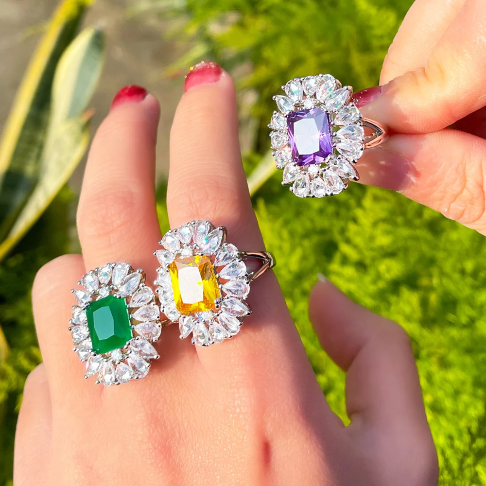 BeaQueen Lovely Multicolor Big Flower Cubic Zircon Stone Paved Silver Color Rings for Women Wedding Engagement Jewelry Gift R170