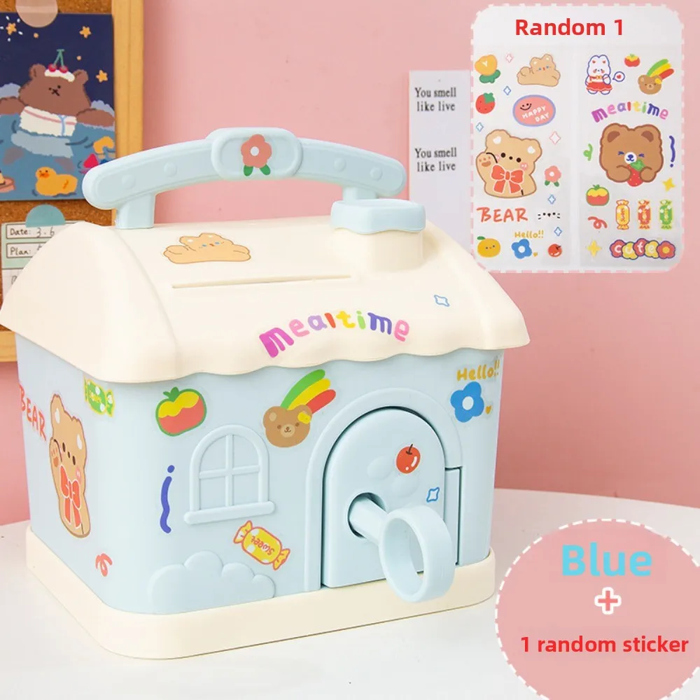 

With Lock and Keys House Shape Piggy Bank Cartoon Stickers Large Capacity Cute Saving Pot House Shape Cartoon Saving Box Gift