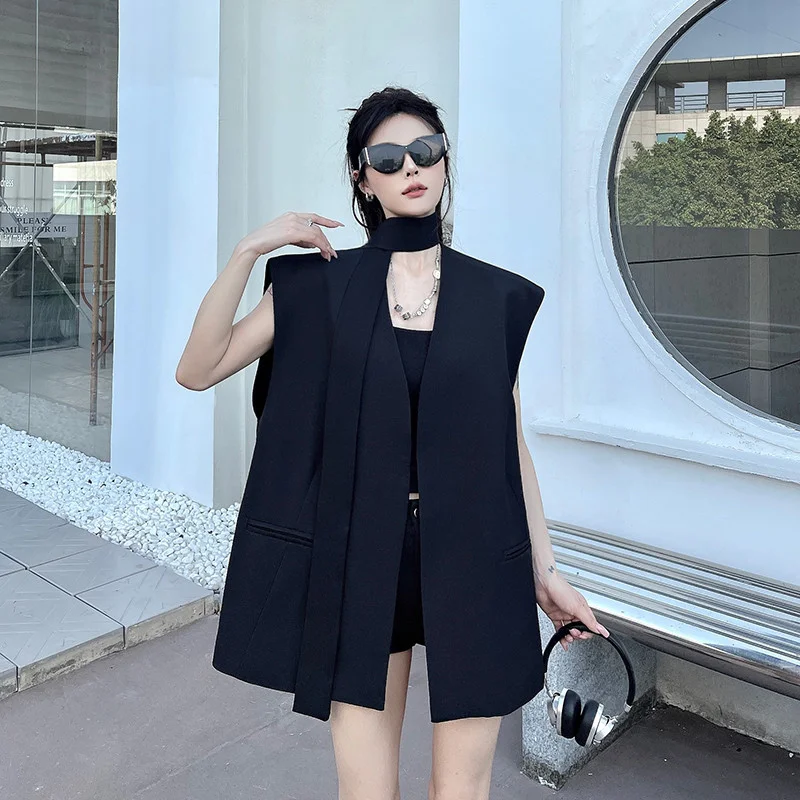 New Fashion Black Ribbon Vest Collarless Suit Jacket Women's Summer High Sense Fashionable Fried Street Temperament Suit Jacket