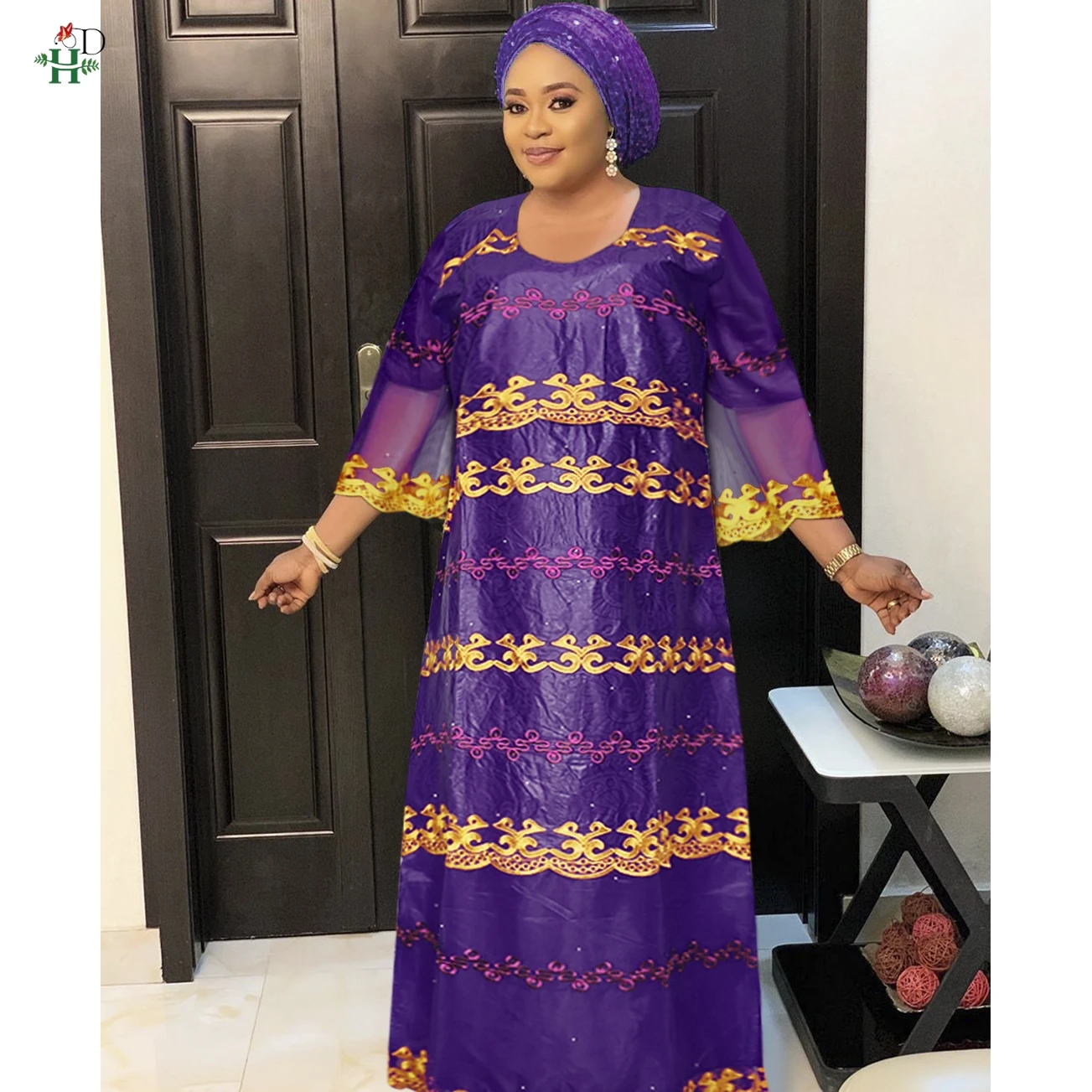 

H&D African Dresses For Women Embroidery Bazin Riche Dress Lace Patchwork Dress With Turban Lady vestido wedding Ramadan