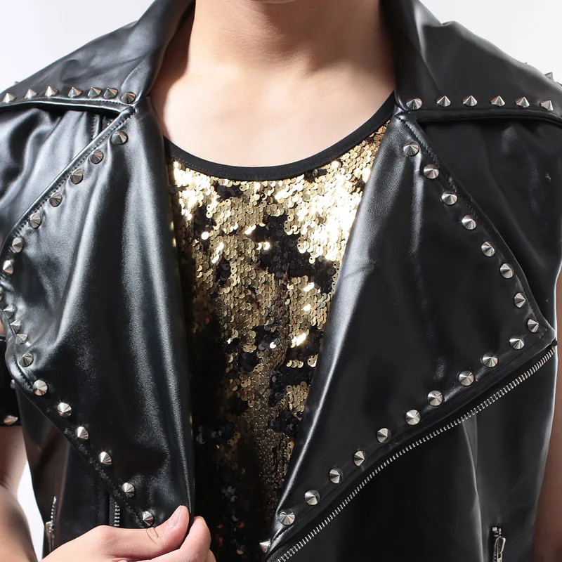 2025 Punk Band Leistung Kostüm Männliche Niet Pu Leder Weste Mantel Rock Sänger Bühne Kleidung Party Festival Rave Outfit yj334