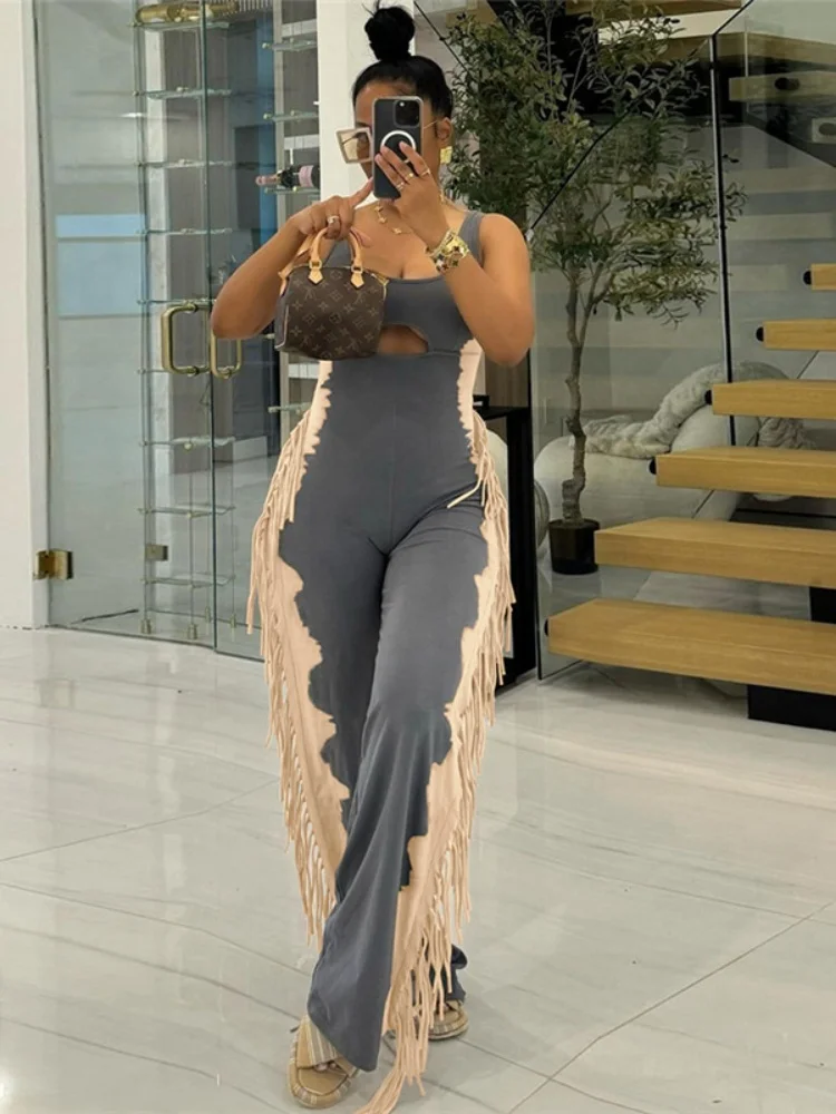 

Женский комбинезон Sister Star, осенне-зимний модный цветной блок, индивидуальные повседневные леггинсы с кисточками, элегантный пригородный комбинезон, наряд