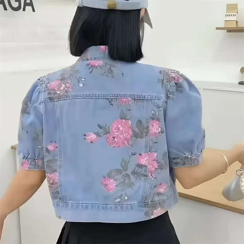 

Fashion Printed Denim Vest for Women 2025 Stylish Summer Autumn Versatile Thin Short Sleeve Denim Jacket Jeans Jacket Tops