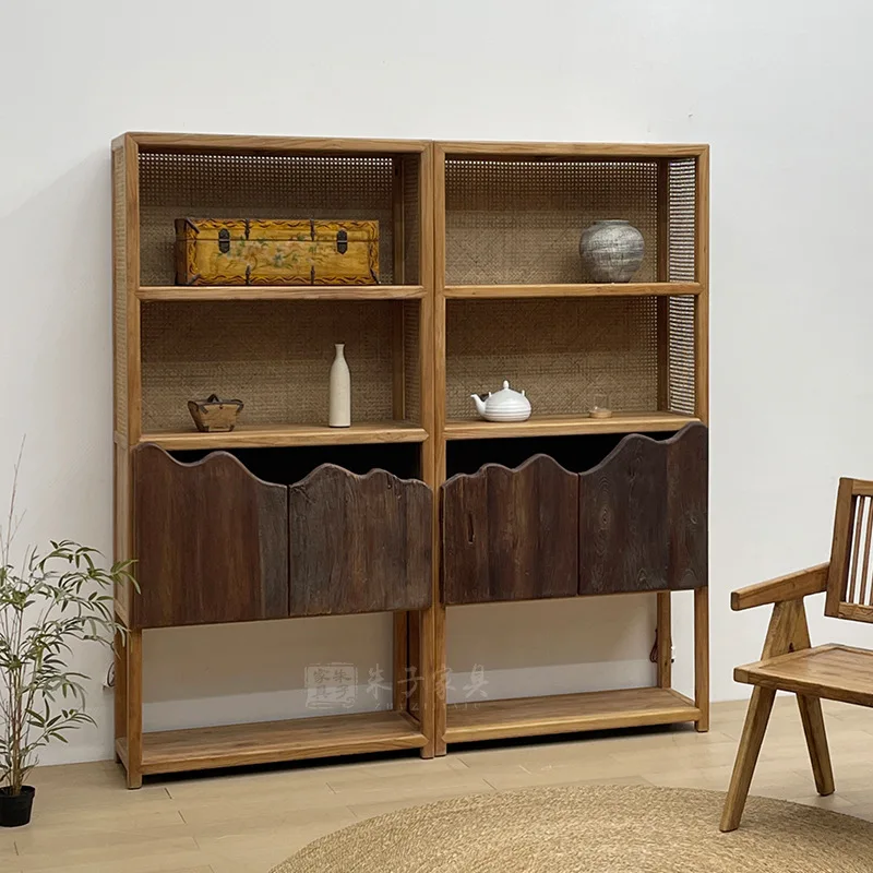 Customized wabi silent wind solid wood living room bookcase rattan home floor bookshelf B & B elm storage display cabinet
