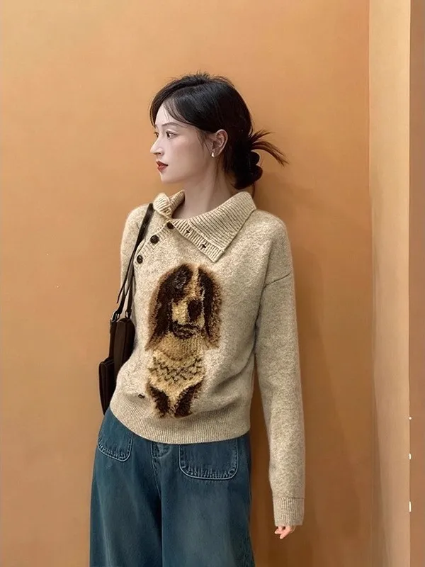 Chic Khaki Dog Collar Pullover Knitted Sweater Women's Autumn Winter Loose Lazy Sle Outerwear Fem Faion Casual Top