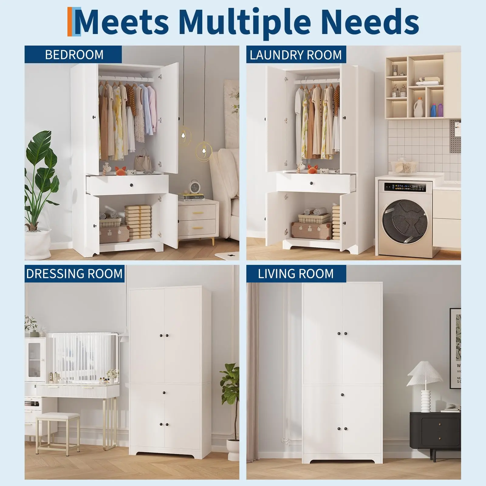 71 Inch Armoire Wardrobe Closet With 4 Doors, Drawer, Adjustable Shelves & Hanging Rod, Wooden Clothing Storage Cabinet For Bedroom image 7