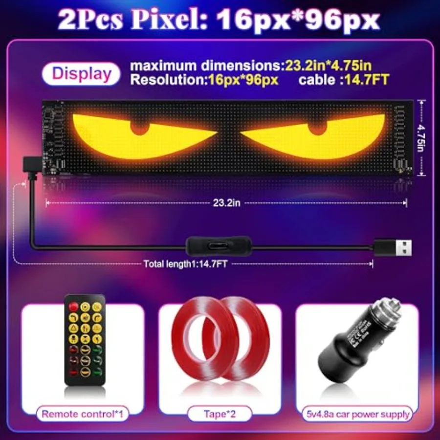 2PC 5800 Lux High-Brightness Devil Eyes LED Light Strips for Cars/Trucks/SUVs - 23.6