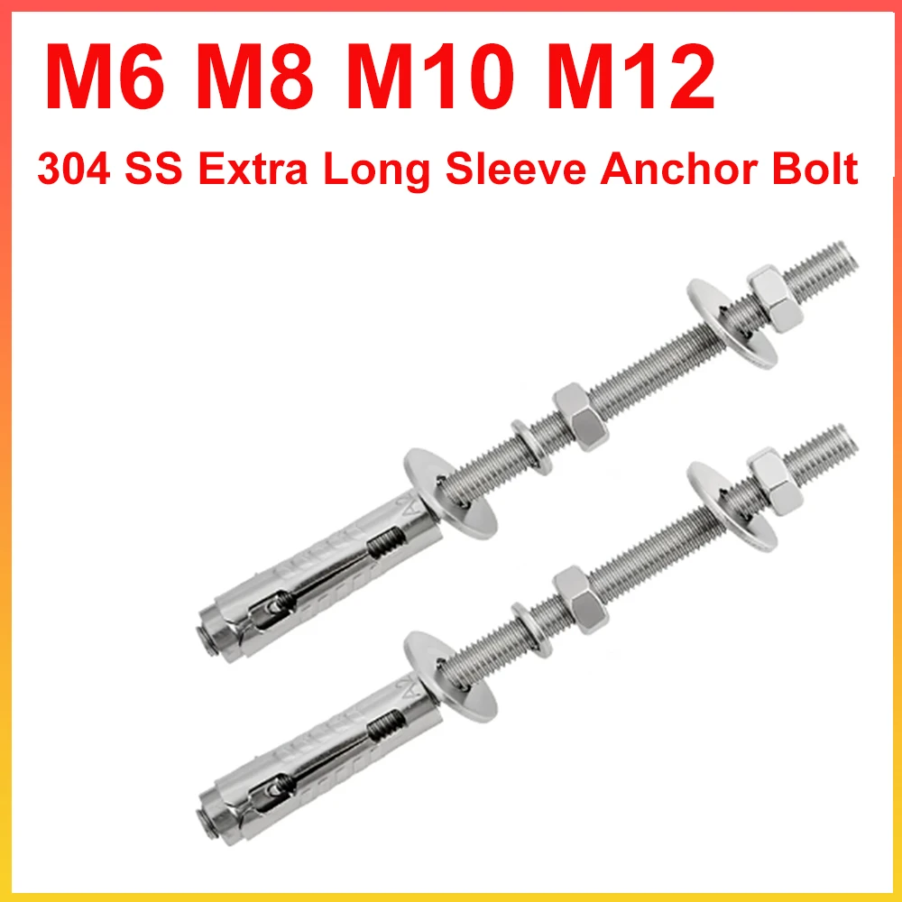 304 SS Extra Long Sleeve Anchor Bolt M6 M8 M10 M12 With Nut Washer Expansion Screw Concrete Wall Through Anchor