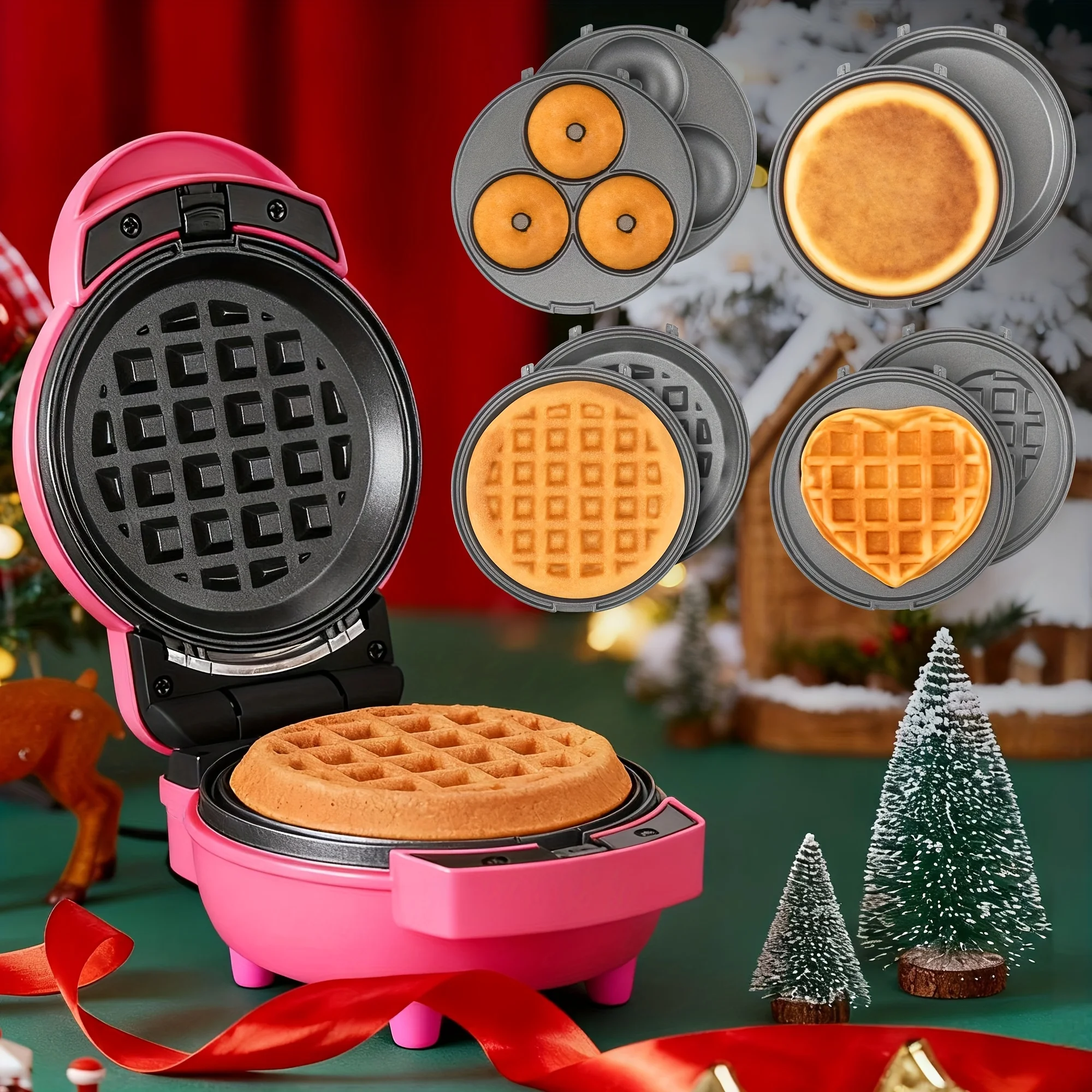 

4 In 1 Mini Waffle & Pancake Maker, Mini Donut Maker, Heart Shape, Removable Plates, Recipe Included, Blue