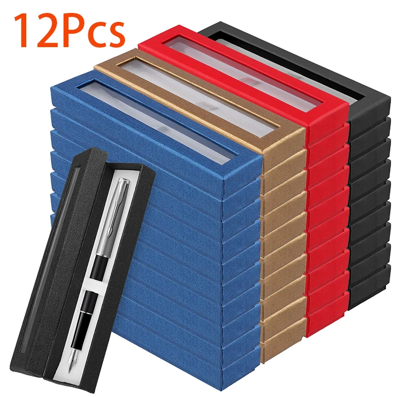 12Pcs Foam Insert Paper Gift Box for Pencils Black Blue Red Colors Transparent Window Cover Paper Gift Pen Box