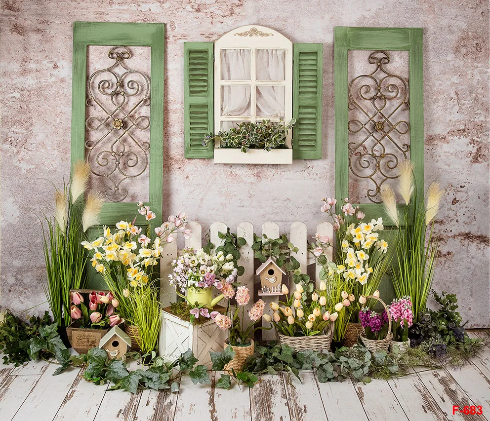 การถ่ายภาพพื้นหลังฤดูใบไม้ผลิไข่ที่มีสีสันรั้วสวนดอกไม้เด็ก Portrai ตกแต่งฉากหลัง Photo Studio