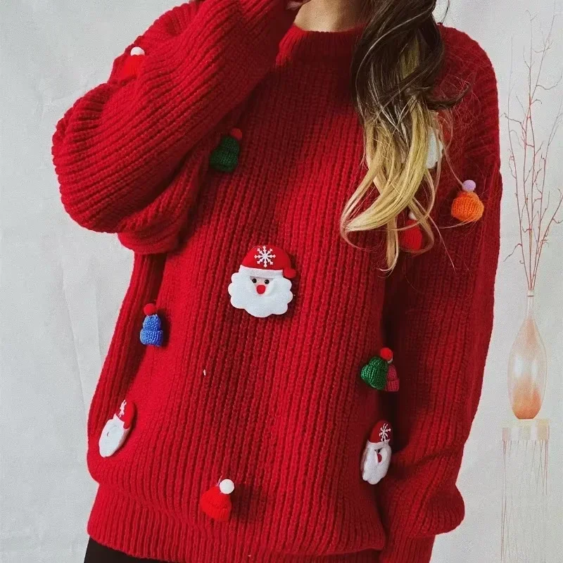 Sweater rajut natal Santa wanita, Pullover rajut Tahun Baru kasual, dekorasi Natal 3D, atasan Sweater rajut musim gugur dan musim dingin