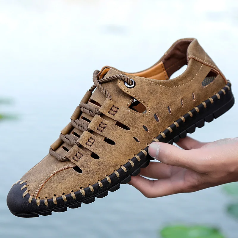 Large size men's  summer new daily casual hollow breathable sandals soft sole punched hole leather shoes