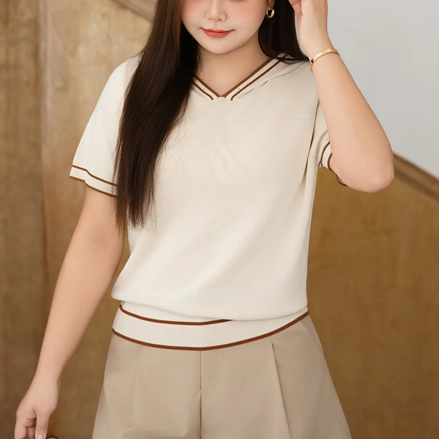 

Крутой контрастный цветной топ с капюшоном и короткими рукавами, большие размеры, женская футболка премиум-класса в пригородном стиле из ледяного шелка с v-образным вырезом 9252