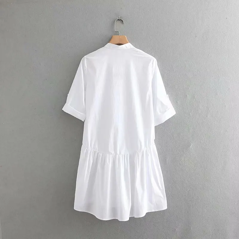 women simply solid color stand collar white shirtdress female roll up sleeve vestidos chic autumn casual pleats dresses DS2829