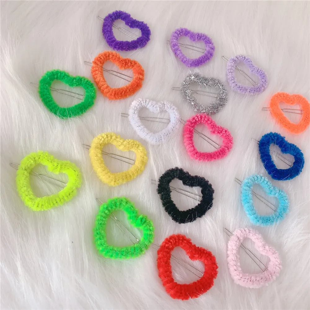 Colorful Plush Heart Hollow Out Hair Clips For Women Girl Cute Harajuku Vintage Hair Accessories Gifts Statement Trendy Jewelry