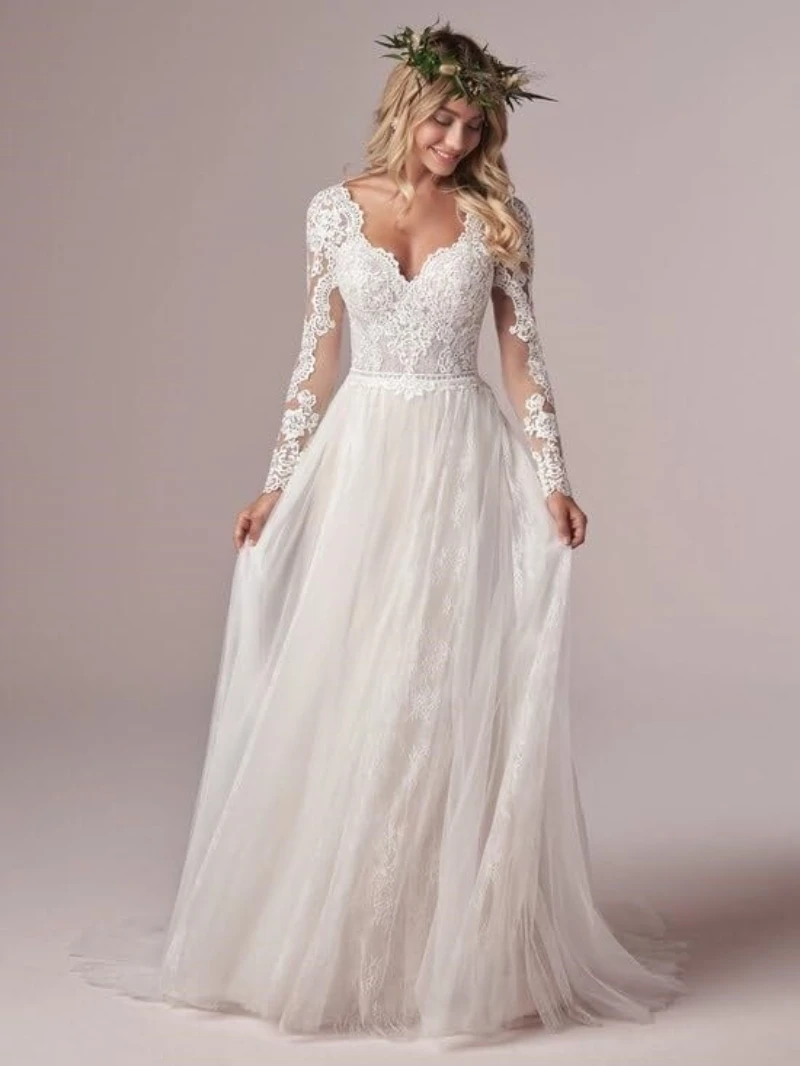 

Women's Wedding Dresses A-line V-neck Tulle Backless Bohemian Wedding Dress Long Sleeved Lace Wedding Dress