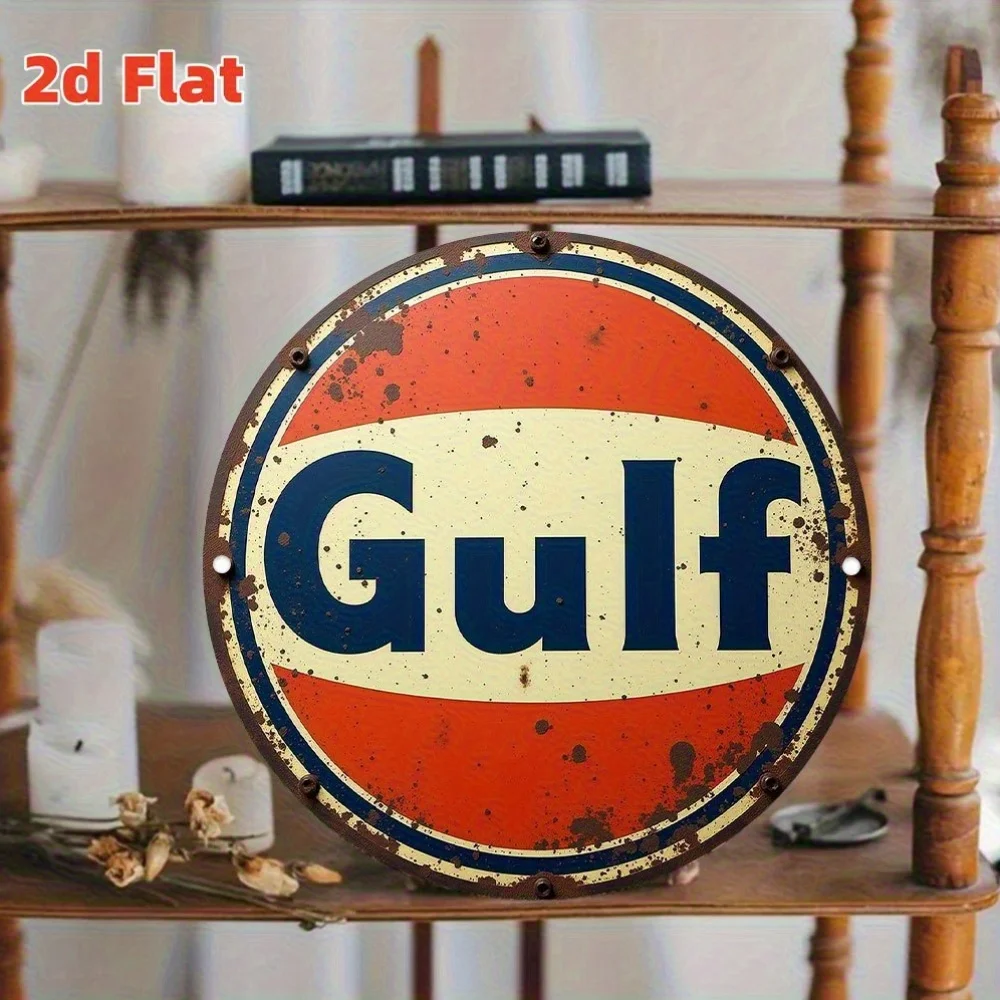 [مسطح [مسطح] لافتة ألومنيوم بشعار سيارة الخليج العتيق - ديكور فني جداري داخلي/خارجي متين للمنزل، البار، المقهى، المرآب - ريفي