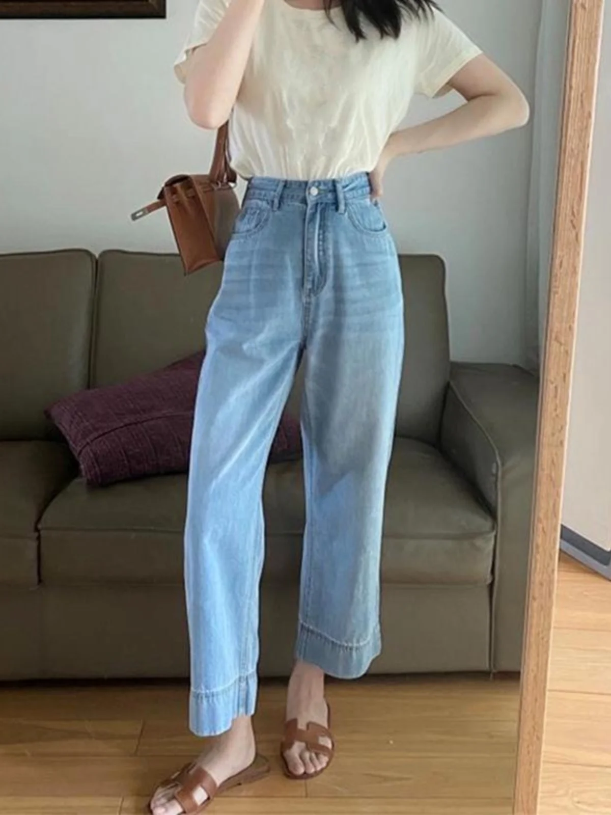 Damskie jeansy z wysokim stanem i szerokimi nogawkami, luźny krój, jasne kolory, proste nogawki, długość do podłogi, do pracy, na lato.