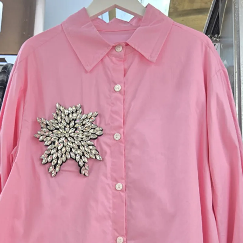 HKSH 春秋新作 レディースシャツ 重厚なクラフト スタッズ付きダイヤモンド ターンダウンカラー 長袖 エレガント トレンドトップス インスブラウス HK13283