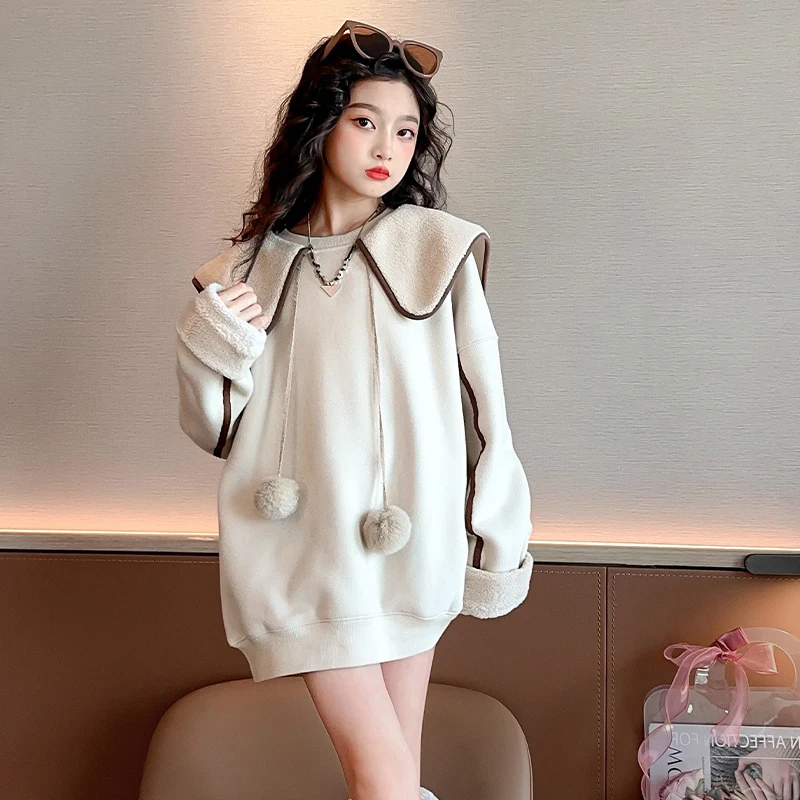 Autumn Winter Children's Insulated Sweatshirt for Teenage Girls Fashion Warm Thermal Tops Kids Turn Down Collar Thick Hoodie