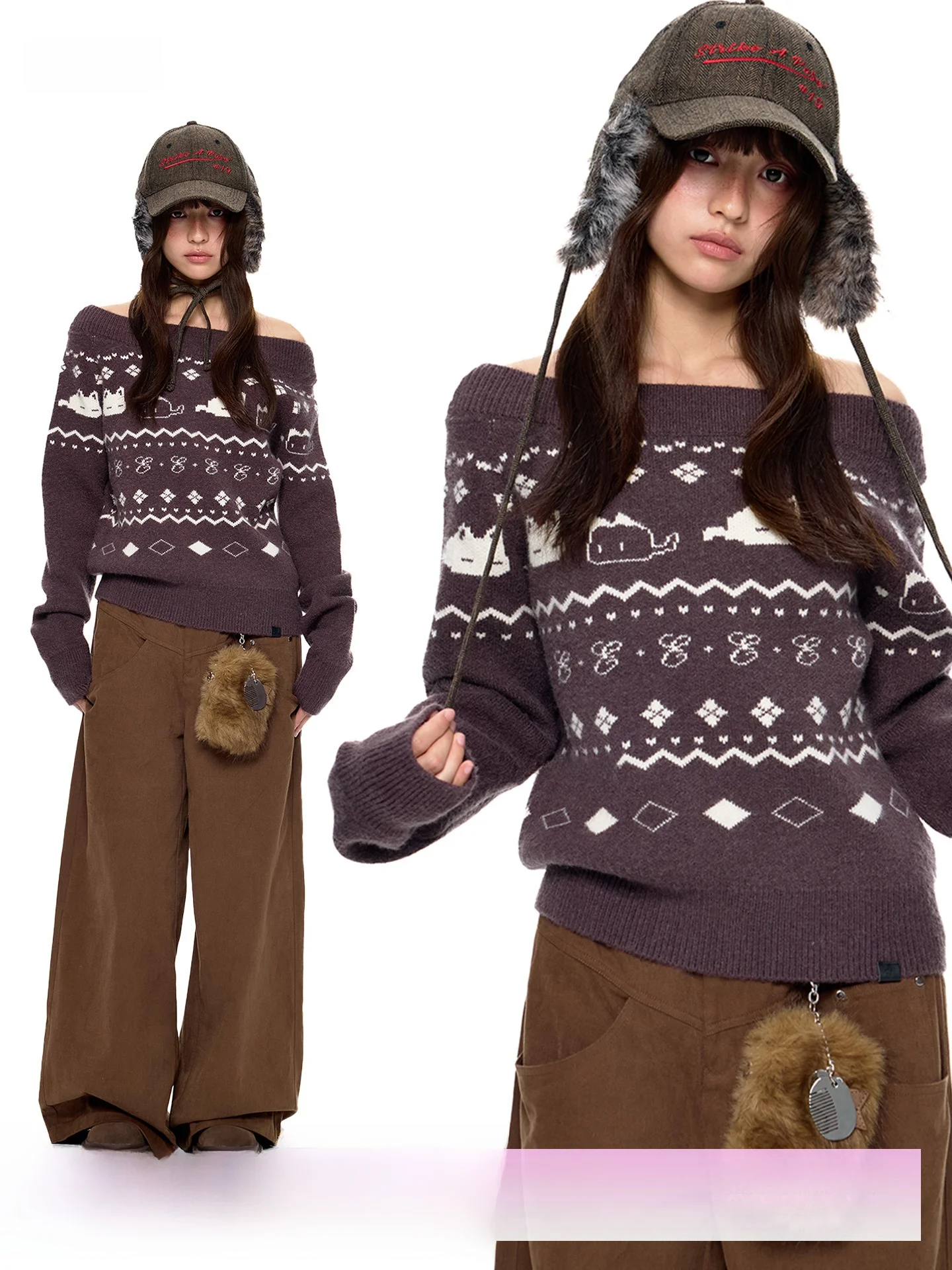 

EZEK oulder Bared Knitted Sweater Women's Loose Fit Street Sle Retro Casual Print Long Sve Top for Autumn And Winter