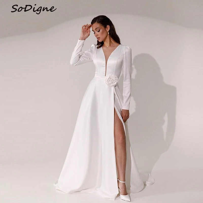 

SoDigne A-line Elegant Wedding Dresses V-neck Full Sleeves Stain Bridal Dress Long Bridal Gown vestidos de novia 2025 Customized