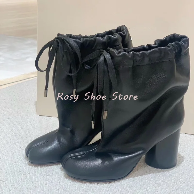 

Women's Stylish Split Toe Boots Ankle Shrink Lace Up Round Heel Cute Boot Drawstring and Strap Design Balloon Shape Tabi Booties