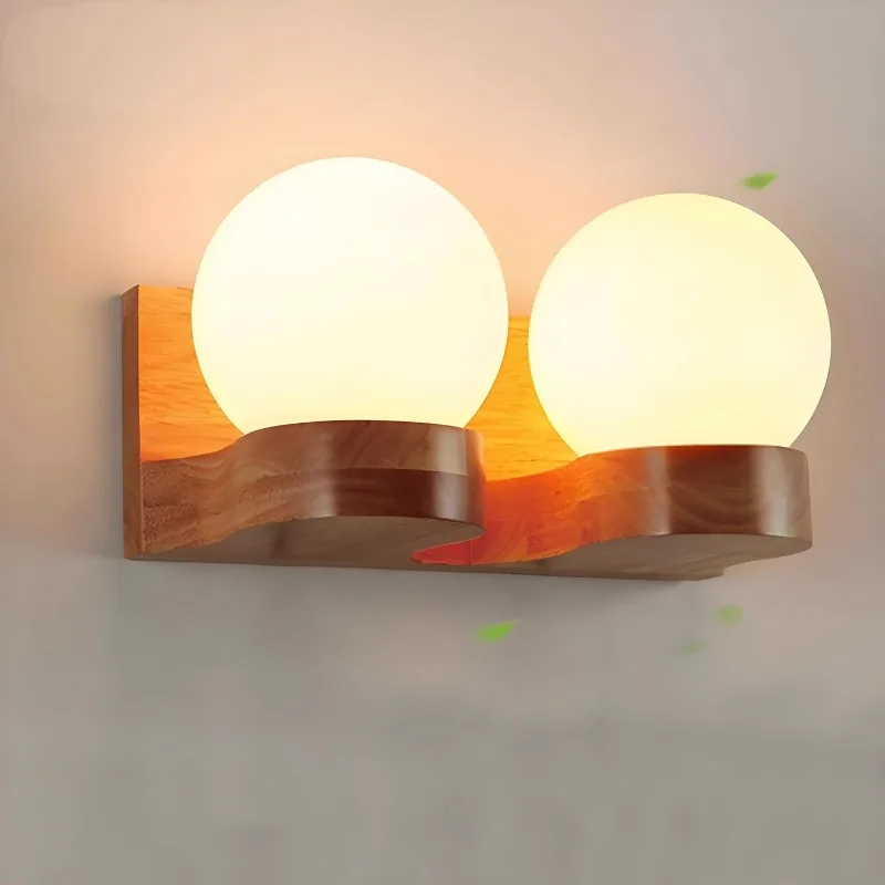 Personality Wooden Wall Lamps Round Glass Ball Bedsides Reading Sconces Entrance Atmosphere Wall Lights Children's Bedroom Cafe