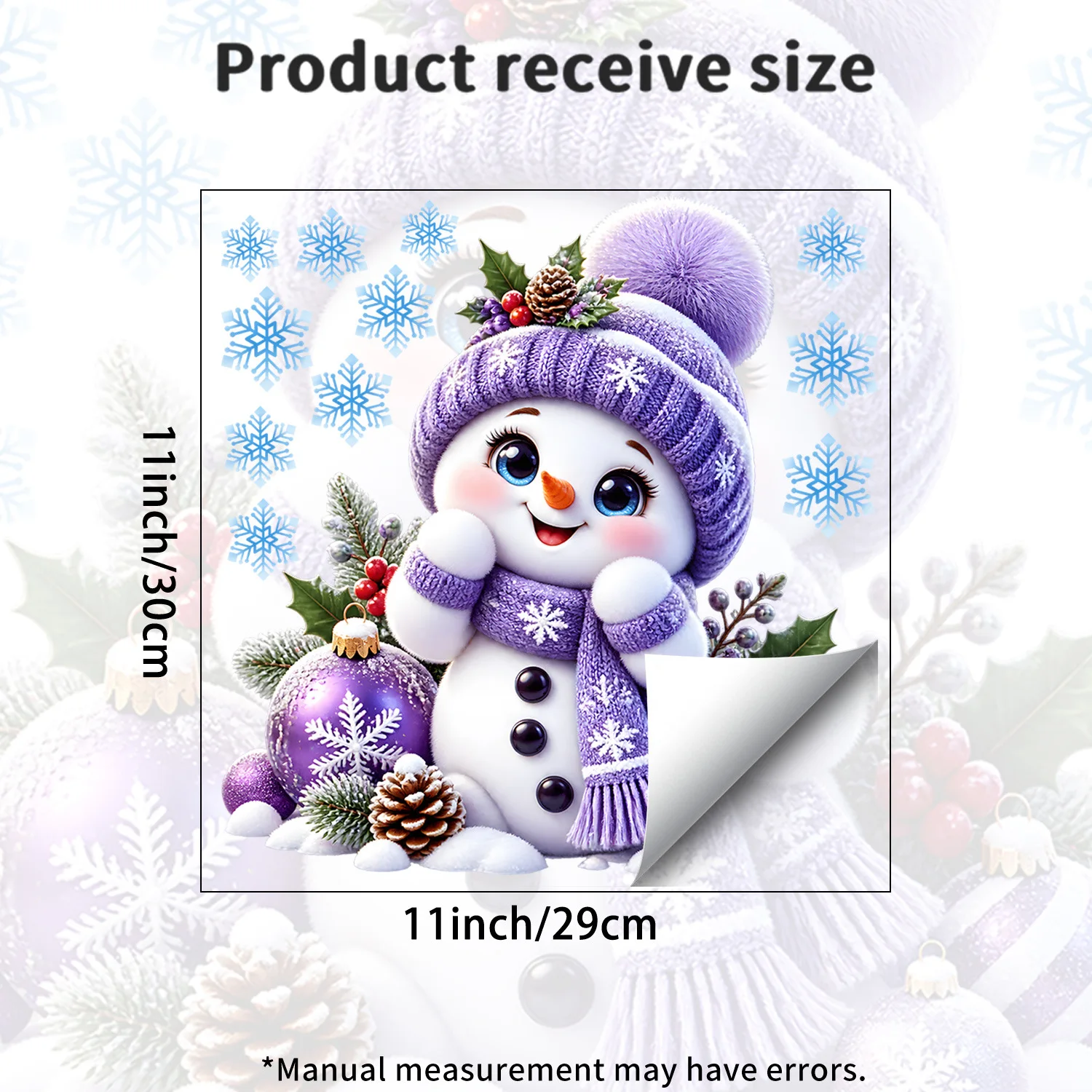 Dreamy Purple Cute Snowman Christmas Window Sticker, Static Cling Decals with No Glue, Removable Winter Glass Decor for Home