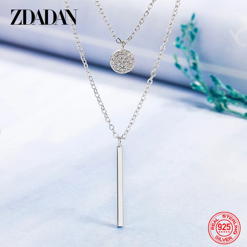 

ZDADAN 925 Silver Long Square Double Layer Necklace Chains For Women Wedding Jewelry