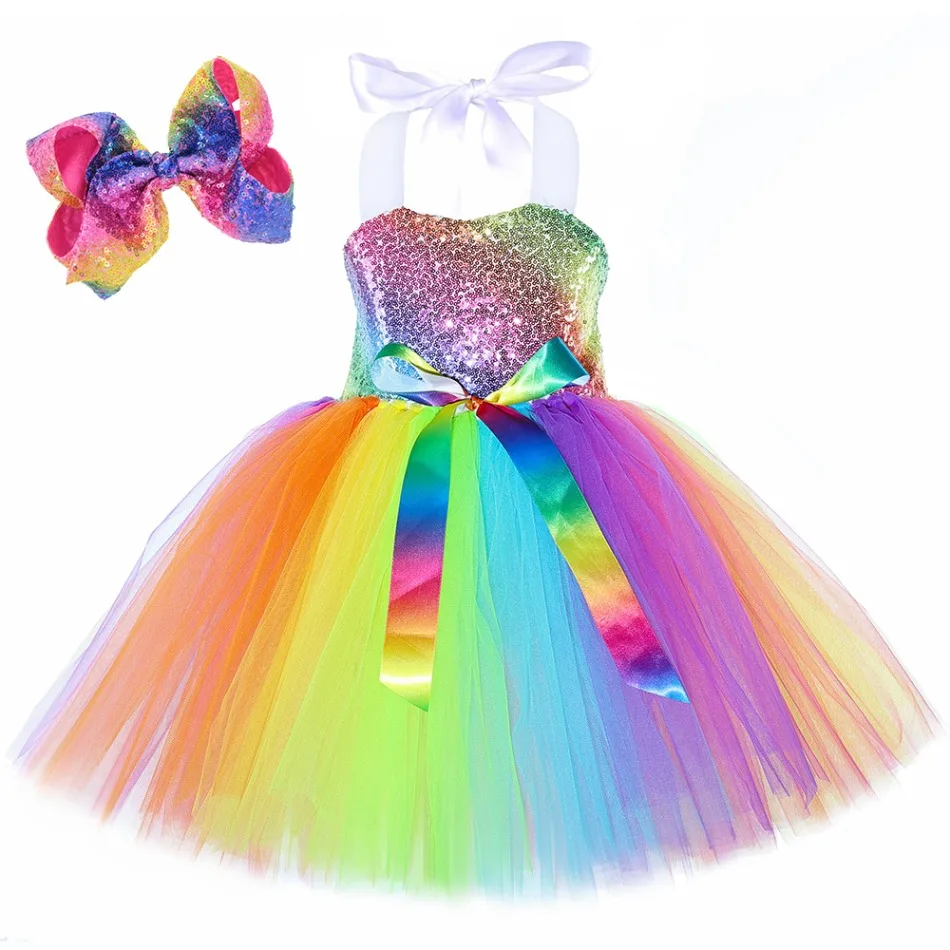 

Girls Rainbow Sequins Princess Tutu Dress Kids Wedding Birthday Party Pageant Tulle Dresses Children Stage Perform Dance Costume