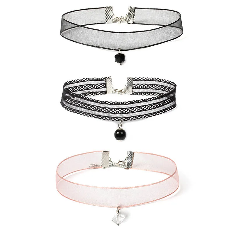Pink & Black Sexy Lace Choker for Women Fashion Bead Pendant Necklace Clavicle Lady Jewelry Accessories Girl Gift
