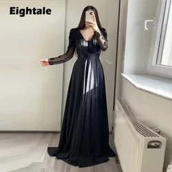 Eightale Arabic Evening Dresses for Wedding Party Satin V-Neck A-Line Black Appliques Beaded Celebrity Long Sleeves Prom Gowns