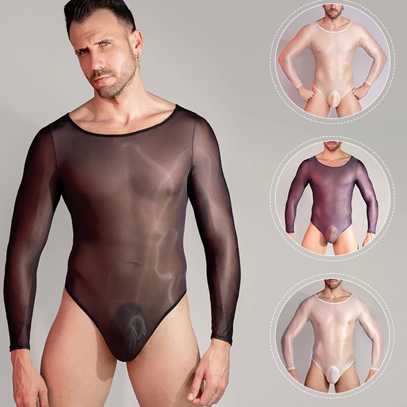 

Sexy See Through Men's Thongs Leotard Solid Color Long Sleeve High Elastic Bodysuits Lingerie Male Jumpsuits sexy lingerie