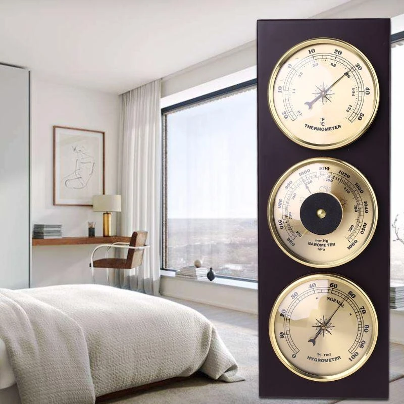 مقياس الضغط المثبت على الحائط، 3 قطع/مجموعة مقياس الحرارة ومحطة الطقس والرطوبة مع قاعدة إطار خشبي
